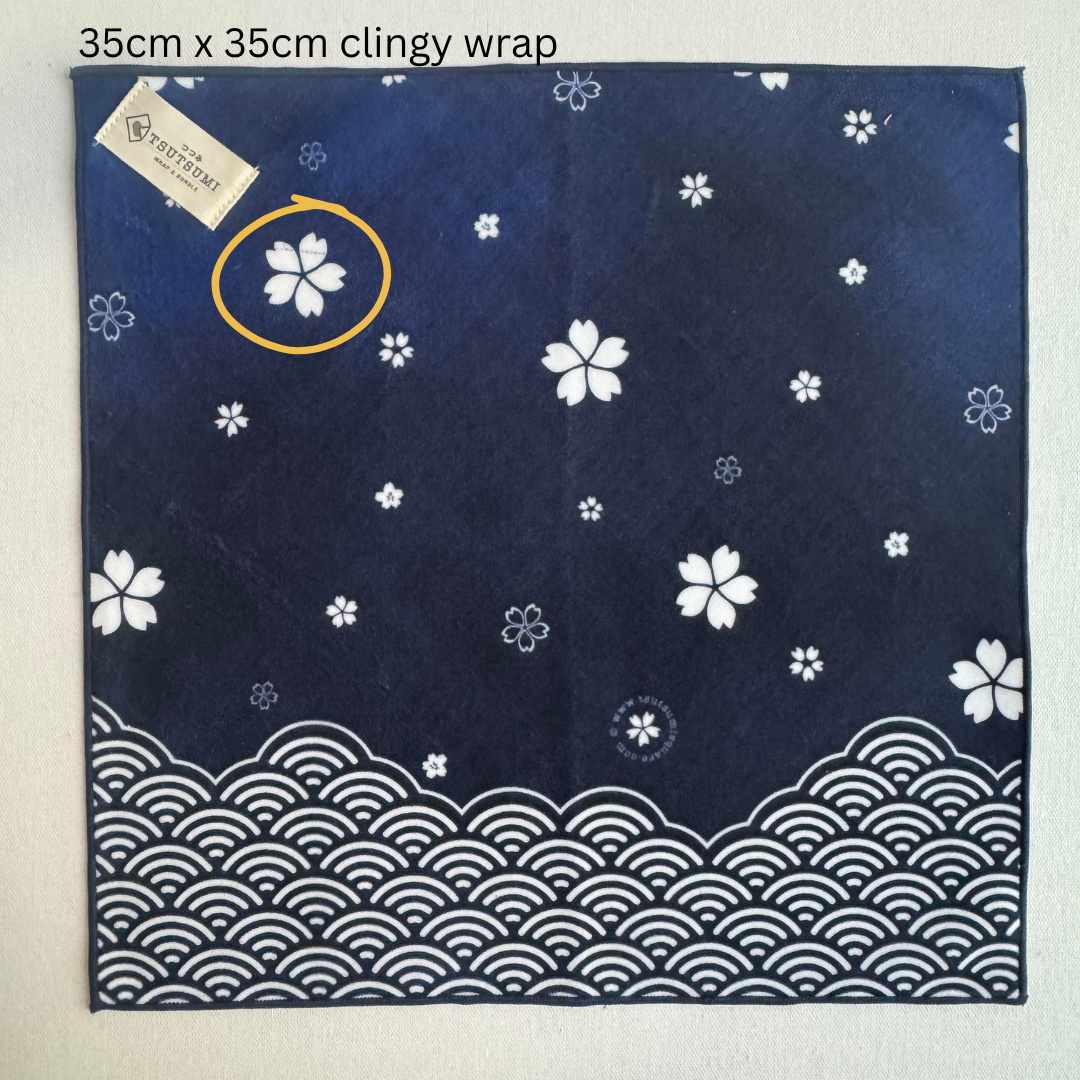 Navy blue cling wrap with white floral patterns on a light gray background