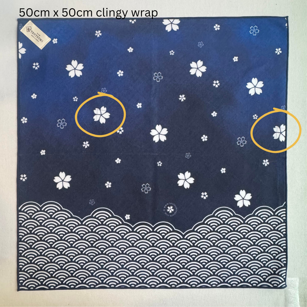 Navy blue cling wrap with white floral patterns on a plain background